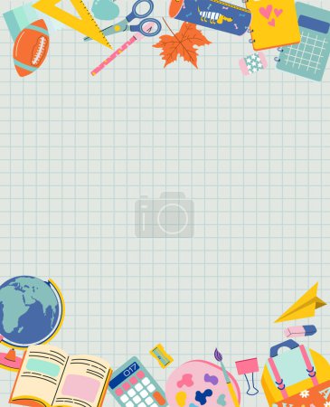 Ilustración de Marco con útiles escolares en hoja de cuaderno a cuadros. Espacio para tu texto. Ilustración plana del vector. - Imagen libre de derechos