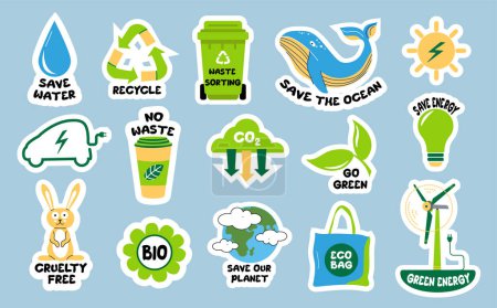 Illustration for Ecological stickers. Collection of ecology stickers with slogans - no waste, recycle, waste sorting, save energy, save water, bio, save the ocean, eco bag. Bundle of bright vector design elements. - Royalty Free Image