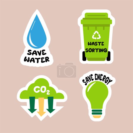 Illustration for Collection of ecology stickers with slogans. Modern isolated vector badges for web and print. - Royalty Free Image