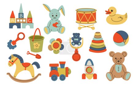 Illustration for Various isolated toys for kids. Ball, drum, wooden train, bunny, rocking horse, teddy bear, toy blocks, rattles. Childhood, children games, preschool activities concept. Hand drawn vector set. - Royalty Free Image