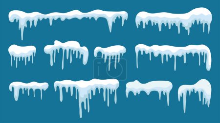 Illustration for Set of snow icicles. Winter snow caps with ice. Flat vector design isolated on blue background. Snowdrifts, icicles, elements winter decor. Christmas, New Year - Royalty Free Image
