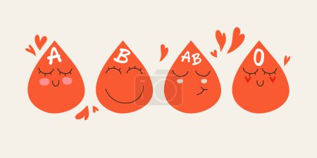 Illustration for Cute happy blood drop characters. Vector modern trendy flat style cartoon illustration icon design. Blood type, group character concept - Royalty Free Image