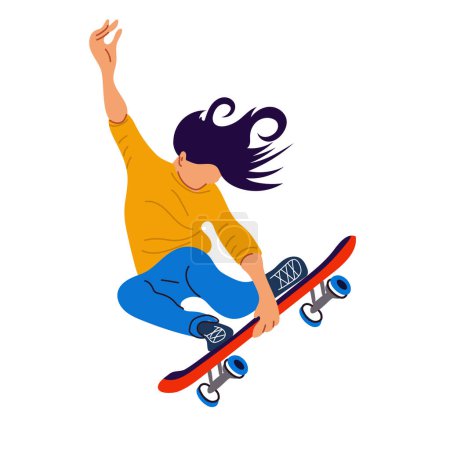 Téléchargez les illustrations : Une jeune fille monte sur un skateboard, saute et joue des tours. Affiche de la Journée internationale du skateboard. Bannière avec des personnes brillantes pour les vacances du 21 juin. - en licence libre de droit