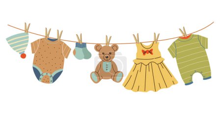 Téléchargez les illustrations : Vêtements pour enfants et jouets secs sur une corde. Chapeau, ours en peluche, sliders, body, robe et autres. Caricature vectorielle. - en licence libre de droit