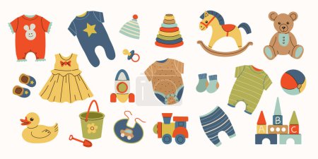 Illustration for Baby toys and clothes set in hand drawn style. Different clothing for kids and infants. Baby clothes and accessories. Childhood, children games, preschool activities concept. Isolated elements. - Royalty Free Image
