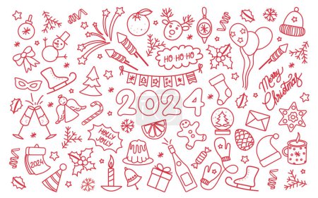 Illustration for New year doodle vector set. Happy Winter Holiday Doodle Greeting Card with handwritten Lettering 2024. Christmas party related objects and elements fireworks, party, etc. - Royalty Free Image