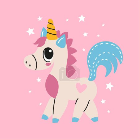Illustration for Cute cartoon magic unicorn on a pink background. Vector design. Hand drawing illustration for children. - Royalty Free Image