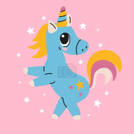 Illustration for Cute cartoon magic unicorn on a pink background. Vector design. Hand drawing illustration for children. - Royalty Free Image