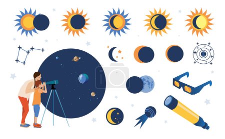 Eclipse solaire réglée. Ensemble vectoriel plat d'éléments d'éclipse solaire pour infographie. Illustration en style plat pour l'éducation des enfants à l'école, autocollants, scrapbooking.