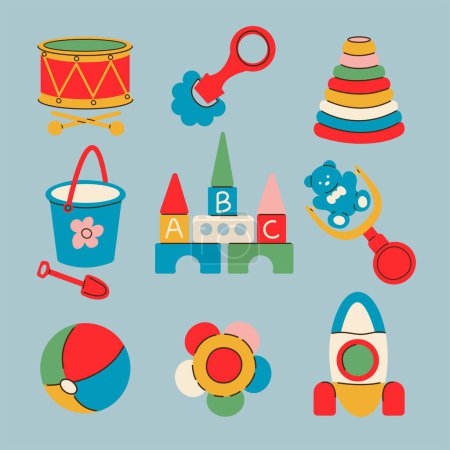 Illustration for Various isolated toys for kids. Ball, drum, pyramid, rocket, toy blocks, rattles. Childhood, children games, preschool activities concept. Hand drawn vector set. - Royalty Free Image
