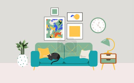 Illustration for Living room interior, furniture, design elements, modern home. Vector flat style collection of furniture for house. - Royalty Free Image