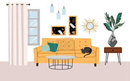 Ilustración de Sala de estar interior, muebles, elementos de diseño, casa moderna. Colección de muebles de estilo plano vectorial para casa. - Imagen libre de derechos