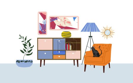 Illustration for Living room interior, furniture, design elements, modern home. Vector flat style collection of furniture for house. - Royalty Free Image