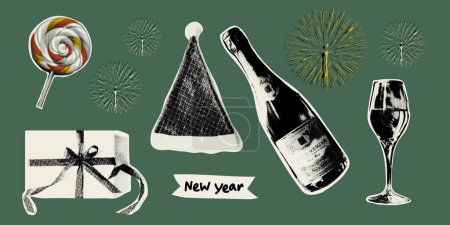 Collage éléments de design dans le style pop art pointillé à la mode. Autocollants de Noël et du Nouvel An dans un style tendance demi-teinte, y compris champagne, verre à vin, boîte cadeau, chapeau de Père Noël, bonbons de Noël et feux d'artifice.