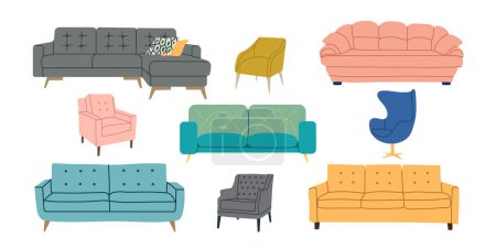 Illustration for Set of trendy sofas, armchairs with cushions. Modern soft furniture collection. Colored flat vector illustration isolated on white background. All elements isolated. - Royalty Free Image