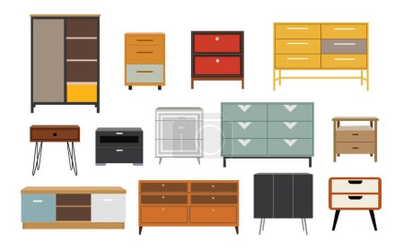 Illustration for Chest of drawers, bedside table set. Furniture icon in flat design. For interior designers, card, website,leaflet, retail. Vector commode. Colorful and bright colors. - Royalty Free Image