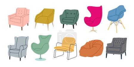 Illustration for Set of different comfortable armchairs in scandinavian style.Hand drawn vector illustration isolated on white background. Soft modern furniture for cozy home interior.Trendy flat cartoon style. - Royalty Free Image