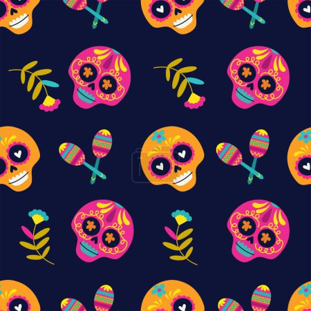 Seamless Pattern with maracas and skull. Cinco de Mayo pattern repeating background. Vector illustration on a dark background.