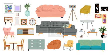 Illustration for Living room interior flat style home elements set isolated on white. Cozy furniture, sofa, armchairs, tables, houseplants, lamps, decor and others isolated elements set. Hand drawn style. - Royalty Free Image