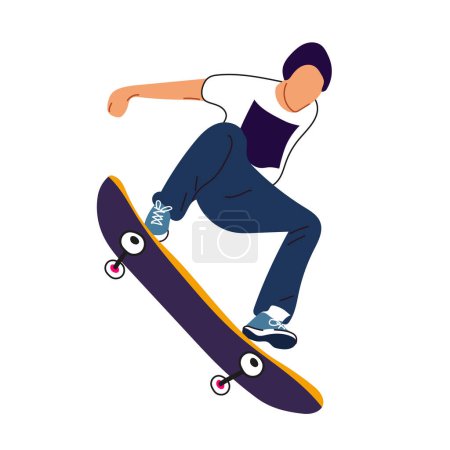 Ilustración de Un tipo con una patineta realiza un salto sobre un fondo blanco. Cartel del Día Internacional del Skateboarding. Banner con gente brillante para las vacaciones del 21 de junio. - Imagen libre de derechos
