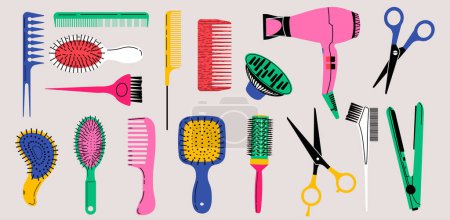 Illustration for Set of equipment for a hairdresser. Collection of tools for hair cutting and styling. Hairdryer, hairbrush, scissors and professional tools for barbershop. Hand drawn vector illustration on light bac - Royalty Free Image