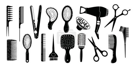 Ilustración de Juego de herramientas de peluquero. Iconos en blanco y negro para salón de peluquería. Secador de pelo, peine, tijeras y herramientas profesionales para peluquería. Ilustración vectorial. - Imagen libre de derechos