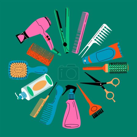 Illustration for Set of equipment for a hairdresser. Hair dryer, hairbrush, scissors and different professional tools for barbershop. Hand drawn vector illustration. - Royalty Free Image