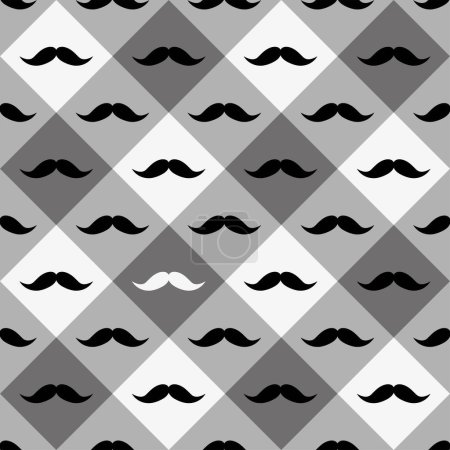 Illustration for Seamless vector pattern with black curly vintage retro gentleman's mustache on a checkered background. - Royalty Free Image