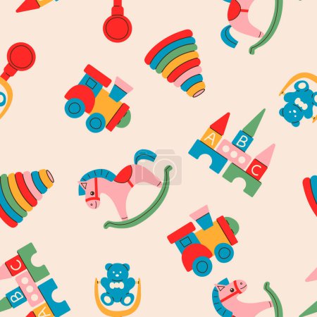 Illustration for Various toys for kids. Hand drawn vector seamless pattern. Wooden train, rocking horse, toy cubes, pyramid, beanbag. Children games, preschool activities concept. - Royalty Free Image