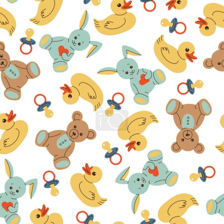 Illustration for Various toys for kids. Hand drawn vector seamless pattern. Duck, teddy bear, bunny, baby pacifier. Children games, preschool activities concept. - Royalty Free Image