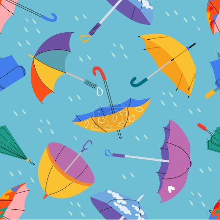 Illustration for Seamless pattern with colorful umbrellas in different positions.Open and folded umbrellas. Hand drawn colored Vector illustration. Cartoon style. Colorful background, wallpaper. - Royalty Free Image