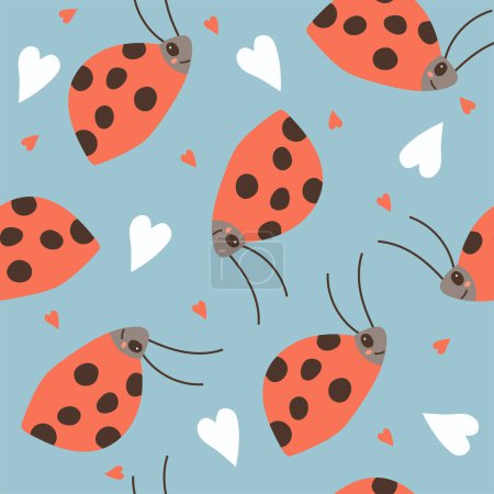 Illustration for Seamless repeat pattern with cute hand-drawn ladybugs. Vector hand drawn cartoon character illustration icon. hild seamless pattern concept. - Royalty Free Image