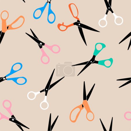 Illustration for Seamless pattern with hairdressing scissors. Multi-colored scissors on a beige background. Sewing background and cloth design. - Royalty Free Image