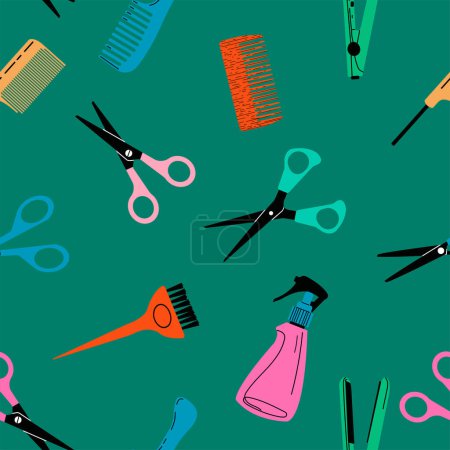 Illustration for Seamless pattern with hand drawn hairdressing salon objects on a dark background. Vector illustration of hairbrush, scissors.Wallpaper, textile, wrapping paper design template. - Royalty Free Image