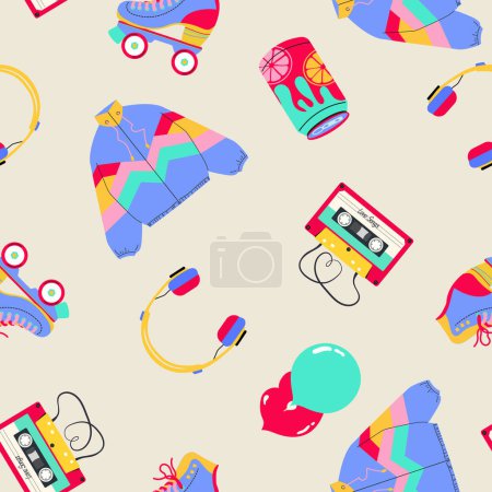 Illustration for Classic 80s-90s elements in modern style flat, line style. Fashion seamless pattern.Hand drawn vector illustration. - Royalty Free Image