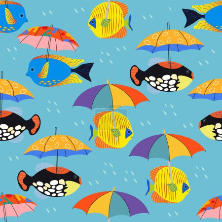 Illustration for Seamless pattern with various sea fish and colorful umbrellas on a blue background. A fish with an umbrella, swimming in the water in the rain. Vector cartoon image. - Royalty Free Image