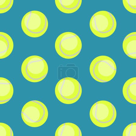 Téléchargez les illustrations : Modèle sans couture avec des balles de tennis dans un style plat sur fond turquoise. Contexte pour les illustrations de tournois et les applications sportives. - en licence libre de droit