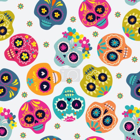 Illustration for Colorful skull cute pattern, mexican day of the dead.Seamless pattern of Halloween Day of the Dead.Vector Design. - Royalty Free Image