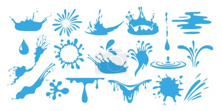 Illustration for Water splashes collection in a flat design. Set of water splash.Blue dripping water drops, splashes, sprays and tears. Liquid flow, wave, stream and puddles. - Royalty Free Image