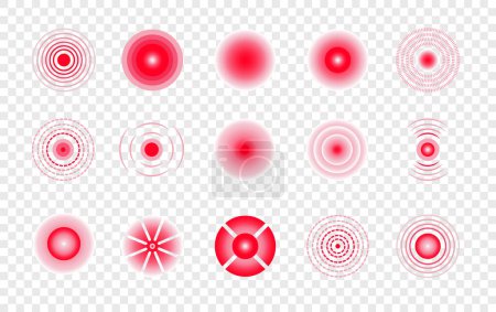 Illustration for Pain points set. Pain localization sign and pain pointings. Red rings. Sonar waves. Set of radar icons. Radial markers to indicate of body hurt, vector illustration on white background. - Royalty Free Image