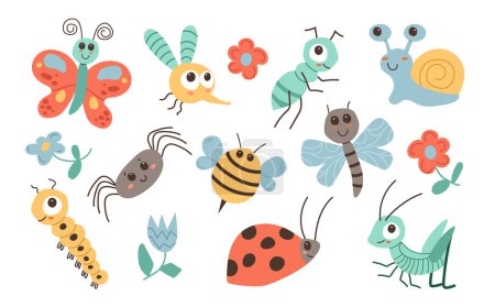 Illustration for Insect set. Grasshopper, caterpillar, fly, ant, mosquito, bee, spider, butterfly, snail, ladybug, flying insects icons set.Cute cartoon animal. Flat design. White background. Vector - Royalty Free Image