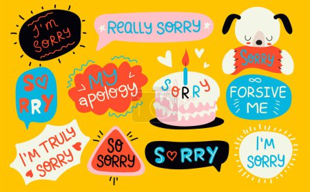 Illustration for Sorry stickers set, apologize quotes vector collection. Set of hand drawn cute vector illustrations on yellow background. - Royalty Free Image