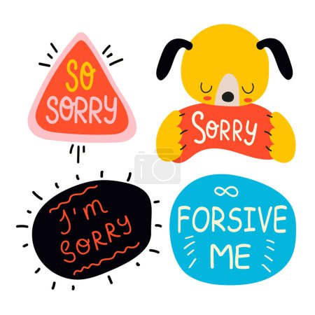 Sorry stickers set, apologize quotes vector collection. Set of hand drawn cute vector illustrations on white background.