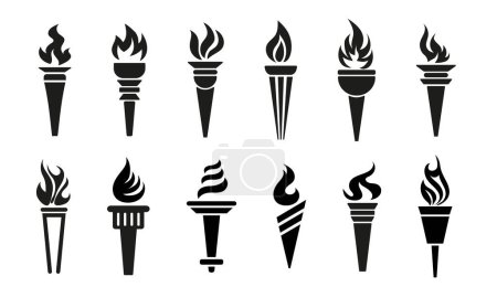 Illustration for Torch vector icon set illustration design template. Symbol of victory, success or achievement. silhouettes of various medieval flaming torches. - Royalty Free Image