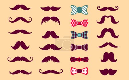 Illustration for Set with various mustaches and bows. Cute collection of icons in flat style. Vector illustration with separate textures on items. - Royalty Free Image