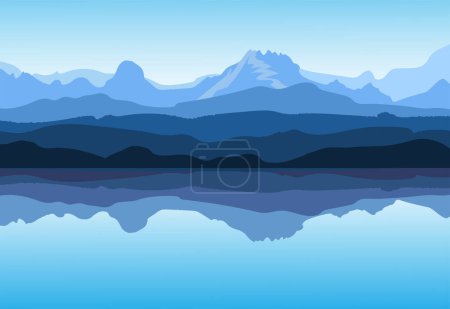 Ilustración de Vista de las montañas azules. Pintoresco reflejo en el lago, montañas. Ilustración vectorial. - Imagen libre de derechos