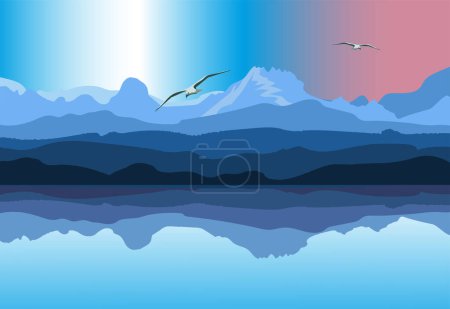 Illustration for Silhouette of nature landscape. Mountains, lake,birds in background. View of blue mountains.Vector illustration. - Royalty Free Image