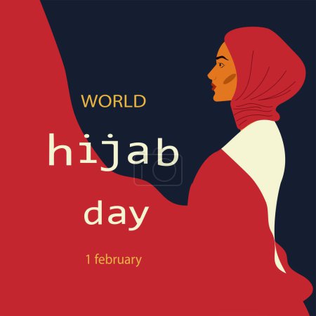 Illustration for World hijab day, held on 1 February. A Muslim woman in a hijab. Vector illustration of a girl in a headscarf. - Royalty Free Image
