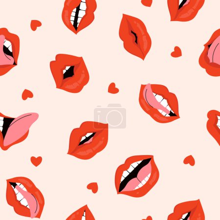 Nahtloses Muster mit sexy weiblichen Lippen mit rotem Lippenstift. Rot rosa ästhetischen mädchenhaften Hintergrund. Sammlung von Gesten, die unterschiedliche Emotionen ausdrücken.