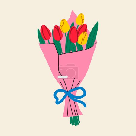 Illustration for Bouquet of  tulips. Floral bouquet wrapped in gift paper. colorful summer flowers bouquet for invitation, greeting card, poster, frame, wedding, decoration. - Royalty Free Image